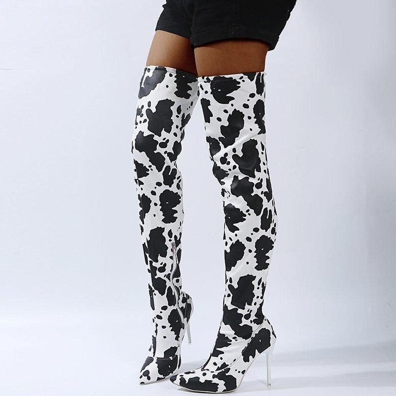 Women fashion printed stiletto high heel pointed toe over the knee boots