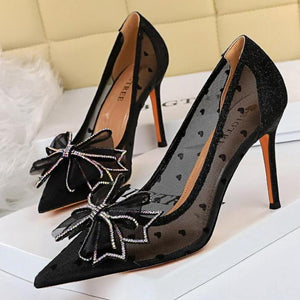 Women cute rhinestone bow pointed toe stiletto heels