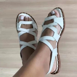 Women crisscross strap hollow peep toe slip on beach flat sandals