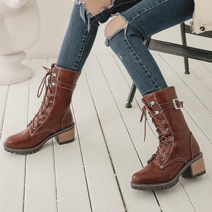 Women lace up chunky heel mid calf buckle strap combat boots