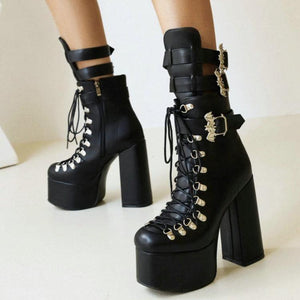 Women buckle strap lace up chunky high heel platform black boots
