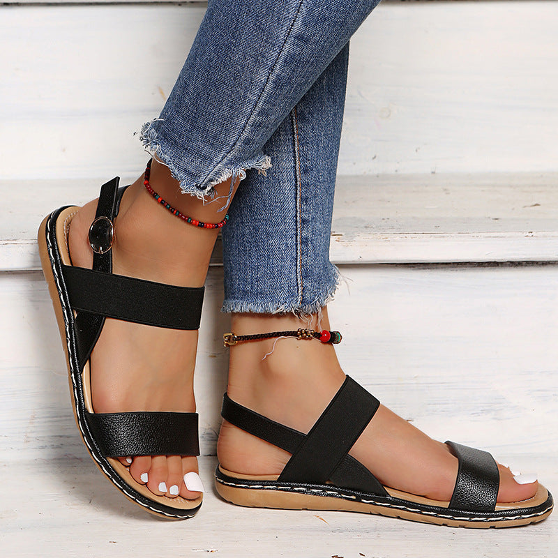 Women fashion minimalist peep toe buckle strap flat sandals