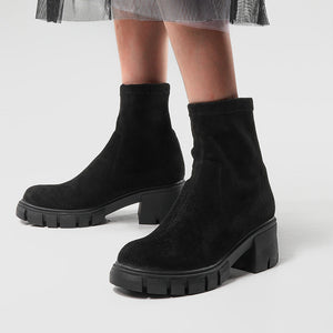 Women faux suede chelsea boots | High top slip on winter boots | Chunky heel platform boots