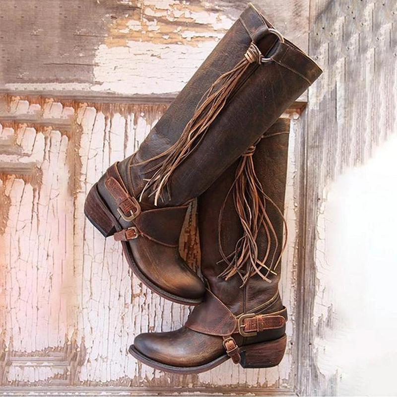 Women's knee high fringe boots low heel biker boots with tassels