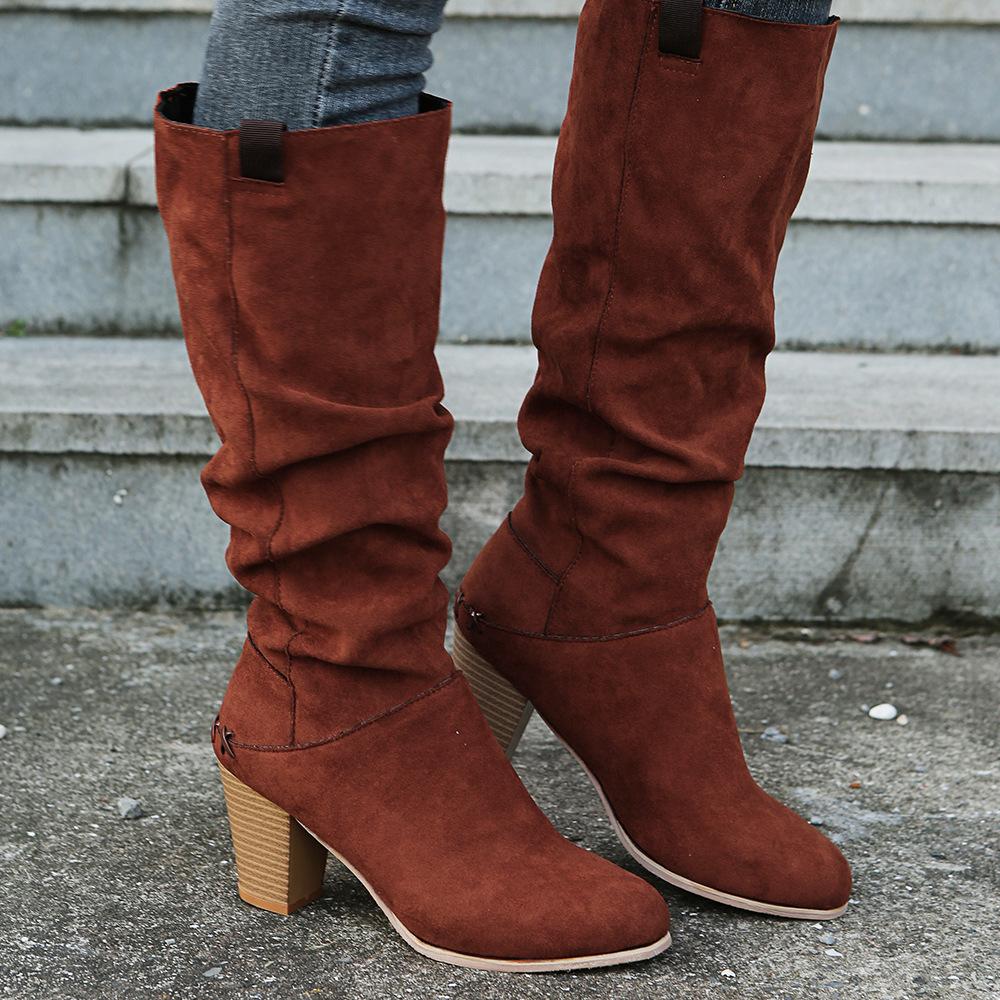 Women fashion chunky heel knee high slouch boots