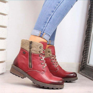 Women color block side zipper lace up chunky heel ankle boots