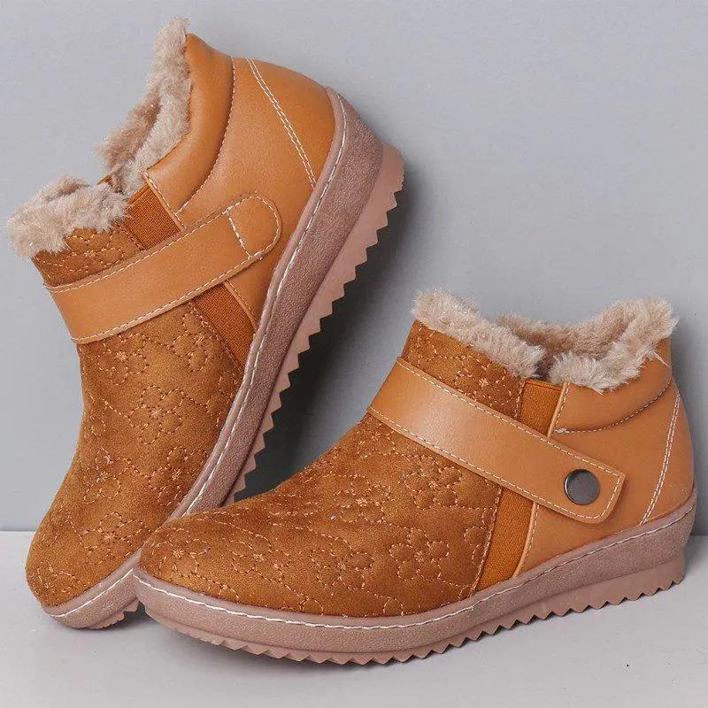 Women casual button strap color block ankle snow boots