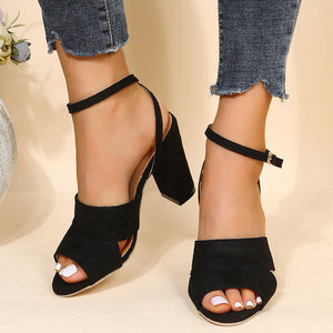 Women peep toe hollow slingback ankle buckle strap chunky heels