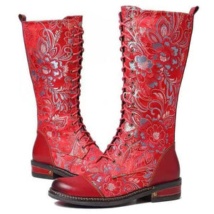 Women retro flower lace up side zipper chunky heel boots