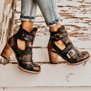 Retro block heel ankle boots ankle strap buckle boots for women vintage chunky boots