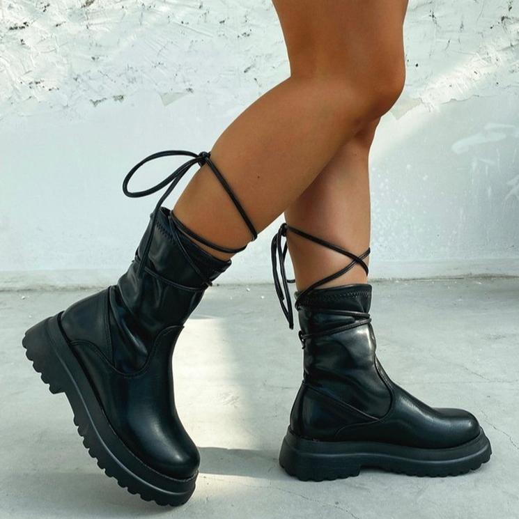 Women criss cross strap lace up chunky platform boots