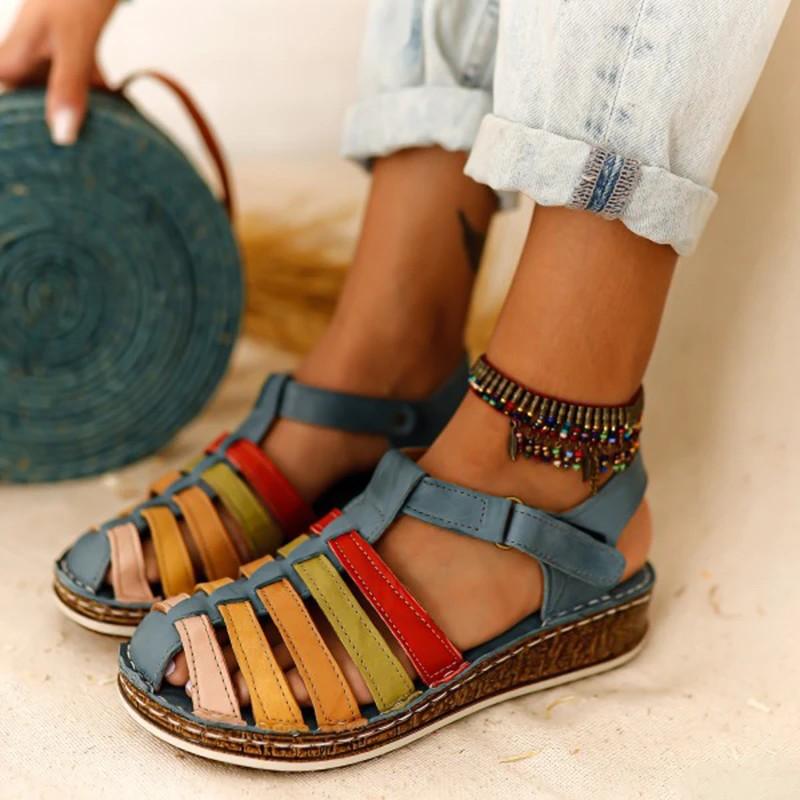 Women wedge closed toe hollow slingback ankle strap sandals