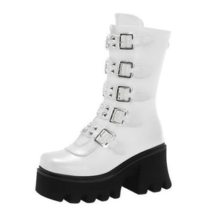 Women mid calf buckle strap chunky platform motorcycle boots