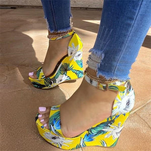 Women flowers printed buckle ankle strap peep toe wedge sandals