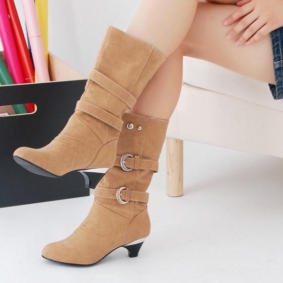 Women chunky heel buckle strap slip on mid calf boots