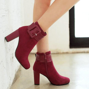 Women short buckle strap chunky high heel ankle boots