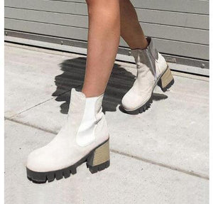 Women platform side zipper elastic short chunky heel boots