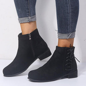 Women side lace up zipper chunky heel ankle boots