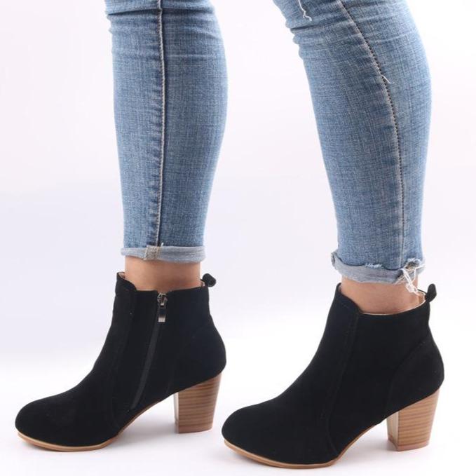 Women chunky heel side zipper round toe ankle boots