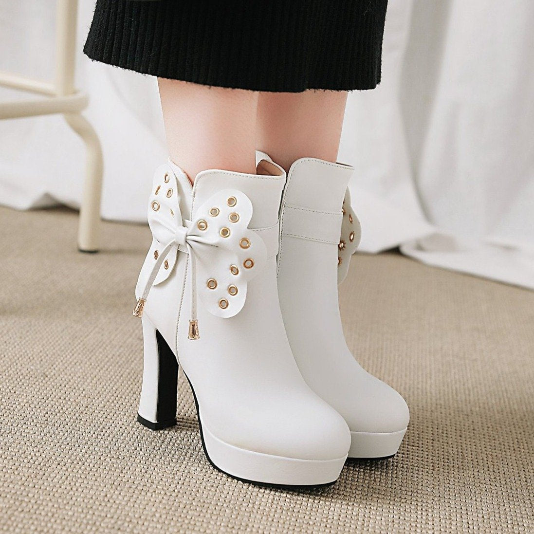 Women fringe butterfly bowknot studded platform high heel boots