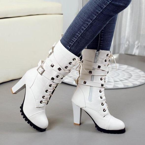 Women studded buckle strap lace up chunky high heel boots