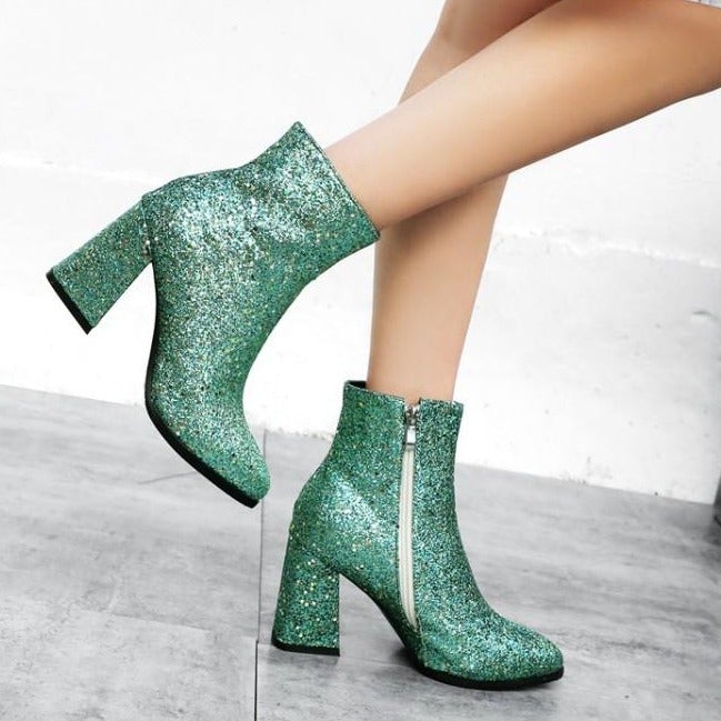 Women pointed toe chunky heel side zipper sequin glitter booties