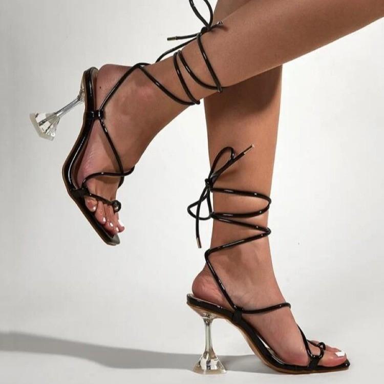 Women clear chunky ring toe criss cross strappy heels