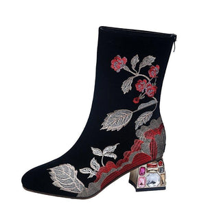 Women's retro floral embroidered boots square heel mid calf boots
