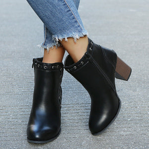 Women side v cut zipper short chunky high heel boots
