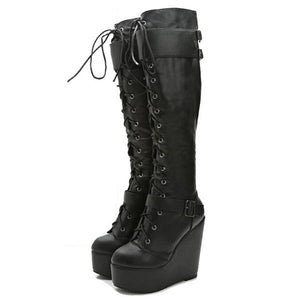 Women platform boots | Wedge heel buckle strap lace up knee high boots