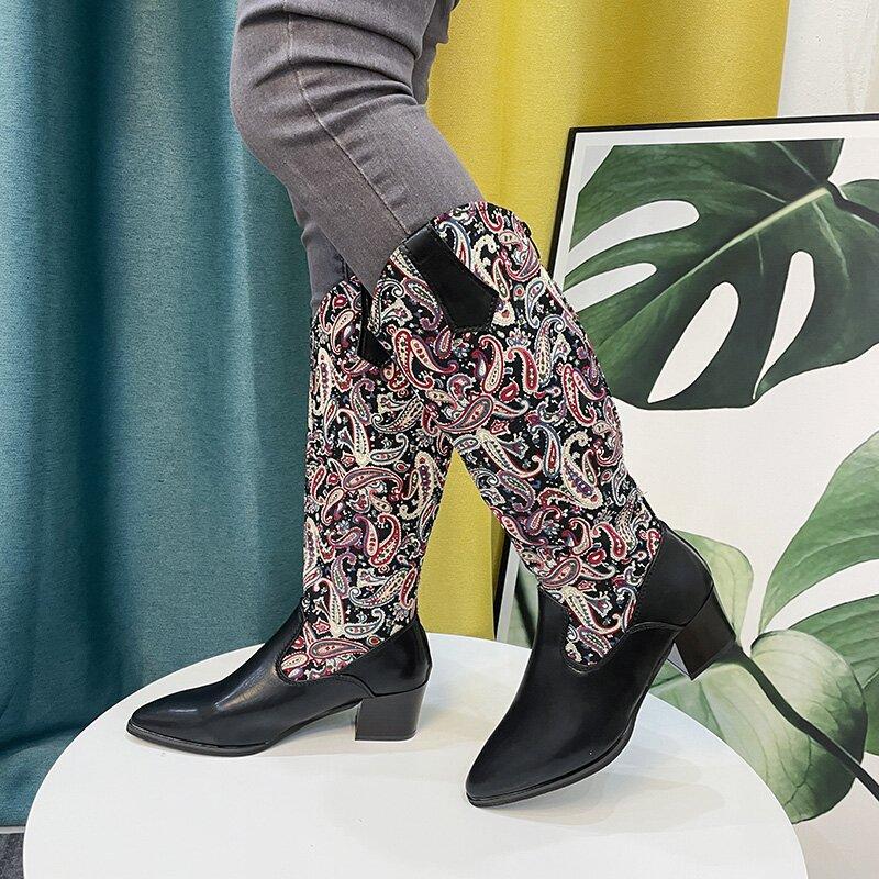 Women pointed toe chunky heel embroidered flower knee high boots