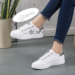Women flat heel lace up slip on flower rhinestone sneakers
