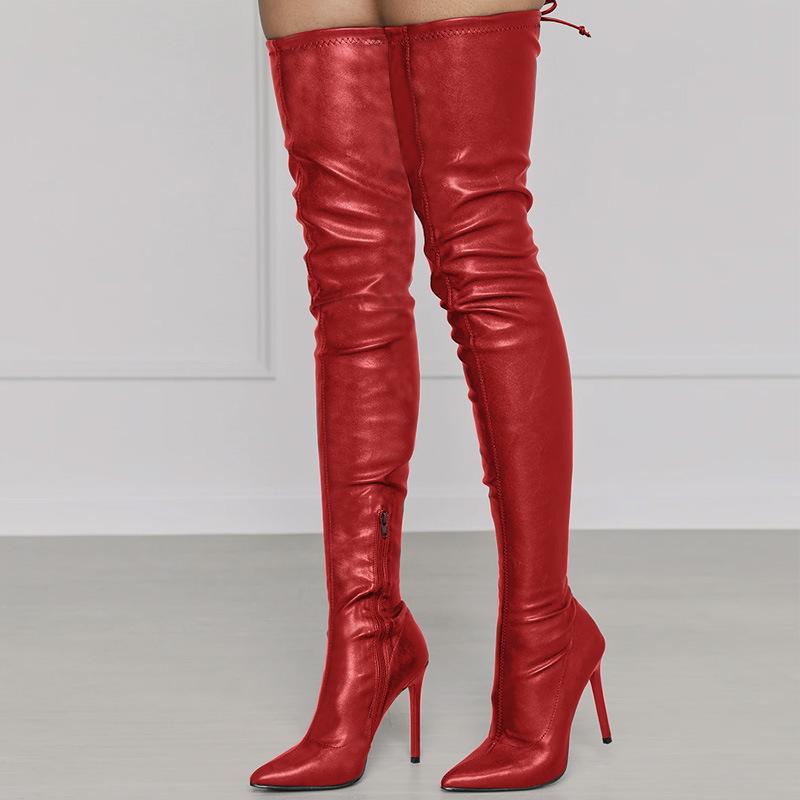 Women pointed toe stiletto heel side zipper back lace up over the knee boots