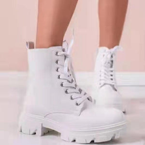 Women solid color lace up side zipper chunky platform boots