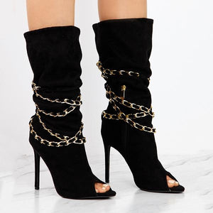 Women chain d¨¦cor mid calf peep toe side zipper stiletto heels