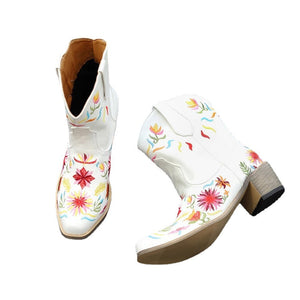 Women fall winter flower embroidered chunky heeled booties