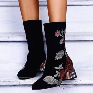 Women's retro floral embroidered boots square heel mid calf boots