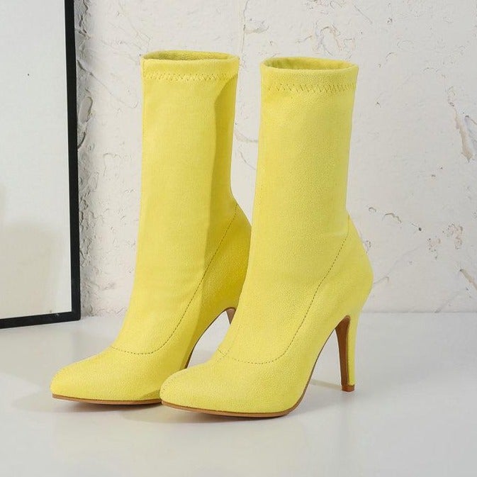 Women mid calf slim fit pointed toe stiletto high heel boots