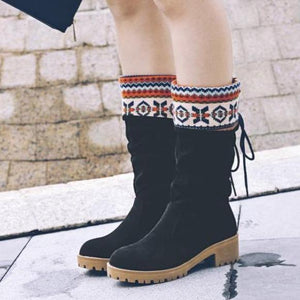 Women winter retro back lace up mid calf chunky heel platform boots