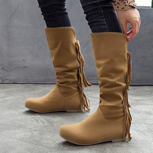 Women knee high flat low heel solid color fringe boots