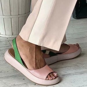 Women color block strap peep toe slingback flat sandals