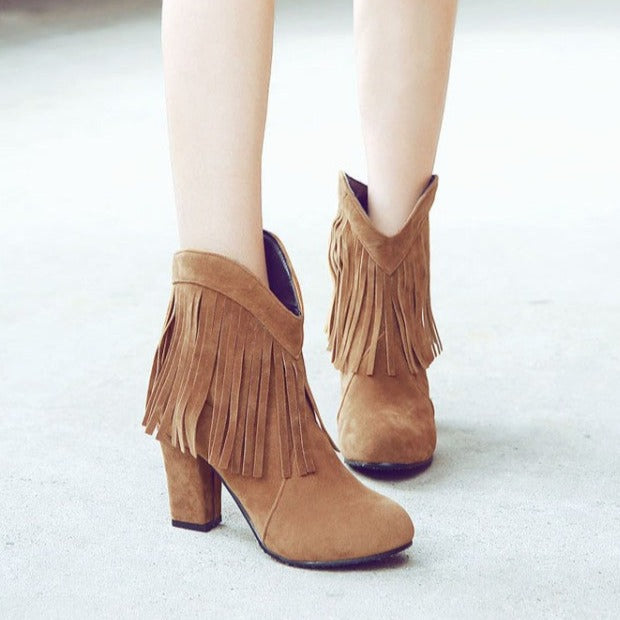 Women chunky high heel pointed toe short fringe boots