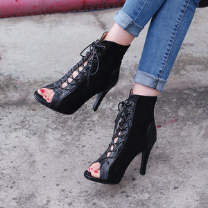 Women summer peep toe criss cross lace up heeled booties