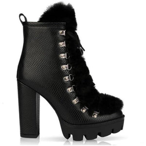 Women front faux fur lace up winter short platoform chunky high heel boots