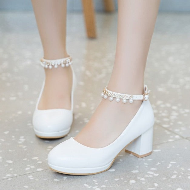 Women ankle ring rhinestone buckle strap closed toe chunky heels