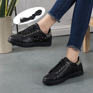 Women flat heel lace up slip on flower rhinestone sneakers