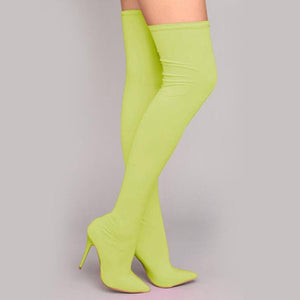 Women sexy solid color stiletto pointed toe elastic over the knee boots
