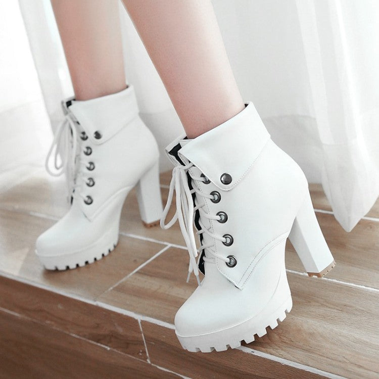 Women England style criss cross lace up chunky high heel platform boots