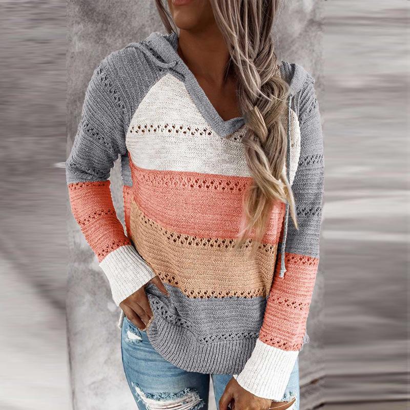 Women‘s knitted color striped hooded sweater V neck fall pullover sweater
