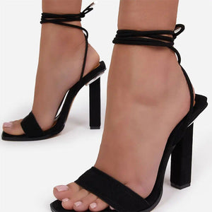 Women strappy lace up peep toe slingback chunky high heels